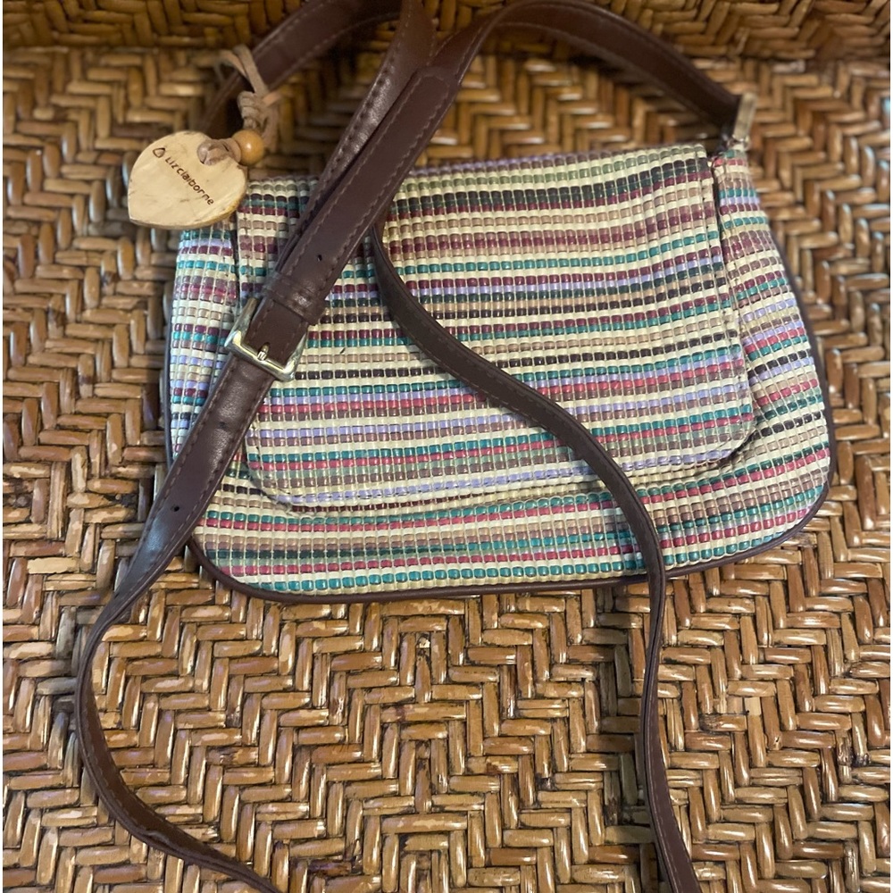Vintage Liz Claiborne Shoulder Multi Color Stripes Bag/Purse w Leather Strap